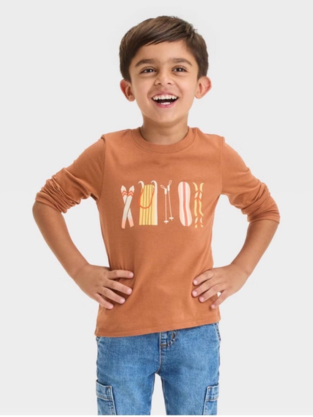 Cat & Jack Boys 4T Long Sleeve Graphic Tee - Brown Winter Ski & Snowboard. NWT